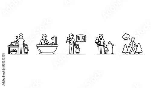 Childcare activity line icons storyboard with parent and kid daily routines in animated outline style