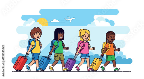 Children Walking with Luggage and Backpacks.