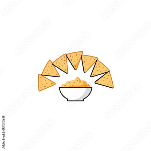 Minimalist Snack Sharing Scene Vector Illustration with Tortilla Chips and Dip Bowl Casual Dining Concept