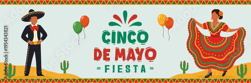Cinco de Mayo banner with Mexican cultural elements including sombrero, cactus, papel picado flags, and traditional dress dancers in a cheerful and lively composition.