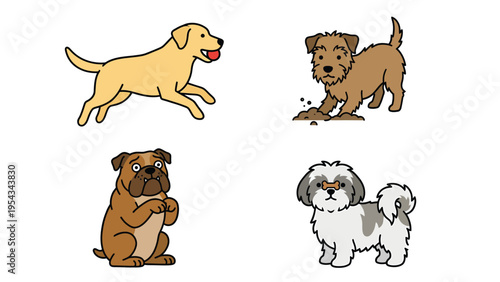 Diverse Cartoon Dog Breeds Illustration Set: Labrador, Terrier, Bulldog, Shih Tzu Characters