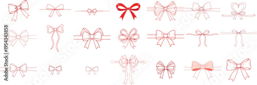 Doodle gift bow. Simple doodle red bows with string and knot for present. Minimalist line art vector for Christmas celebration and coquette holiday decoration, birthday party or festive package