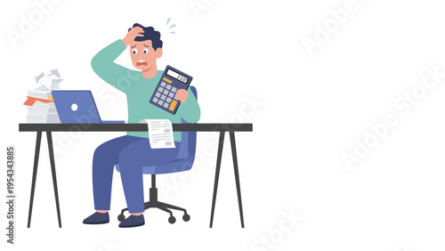 Stressed Man Calculating Bills on Tax Day, Financial Problem Debt Budget Anxiety Illustration