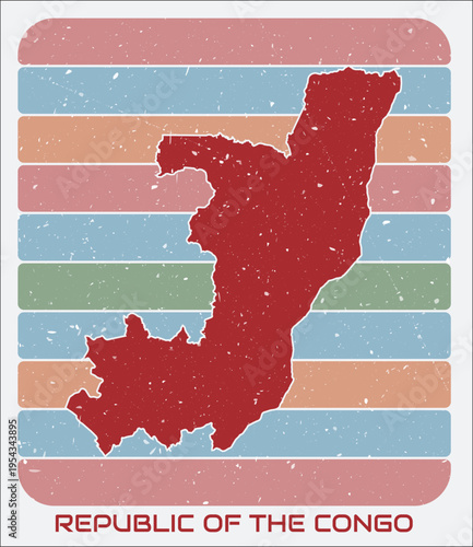 Republic of the Congo vintage logo. Shape of the country on retro colored stripes background. Republic of the Congo map design with grunge scratch texture. Vector illustration.