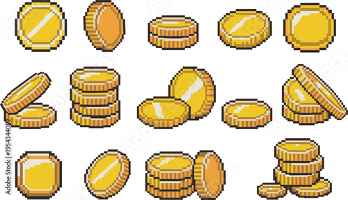 Pixel gold coins vector set, retro 8bit currency stacks game assets illustration design