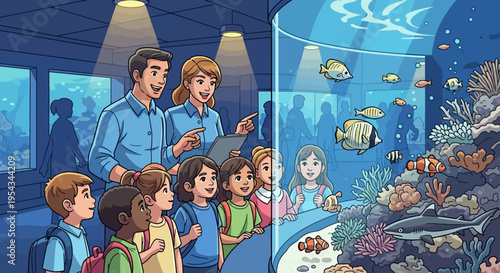 Family Observing Fish in Aquarium Tank.