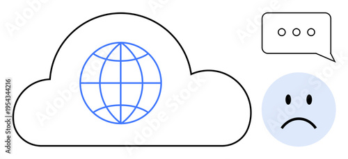 Cloud computing concept. Cloud storage with a global internet sphere and messaging icons. Cloud computing and its challenges with visual communication elements. For technology, communication, IT