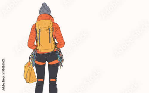 Hiker prepares for adventure in mountains with gear and backpack while standing on a trail in bright colors during the day