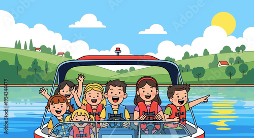 Happy Children Enjoying Boat Ride Together.