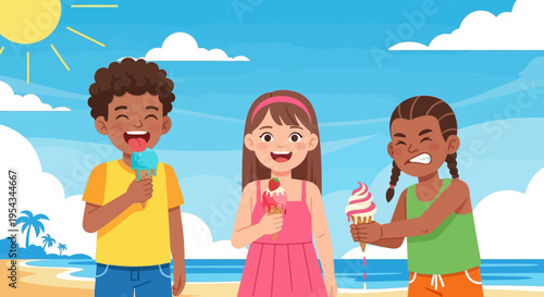 Three Children Enjoying Ice Cream Together.
