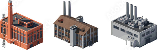 Isometric industrial factory buildings set with smokestacks and rooftop equipment, manufacturing plants architecture collection, detailed 3D vector illustration isolated on white background