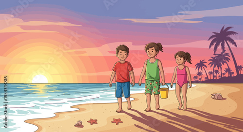 Three Children Standing on Beach Together.