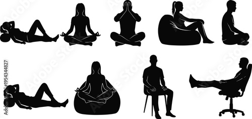 Relaxing people silhouettes in various sitting and lying poses, yoga meditation, resting on chair and bean bag, calm lifestyle vector illustration isolated on white background