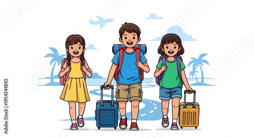 Three Children with Luggage Ready to Travel.