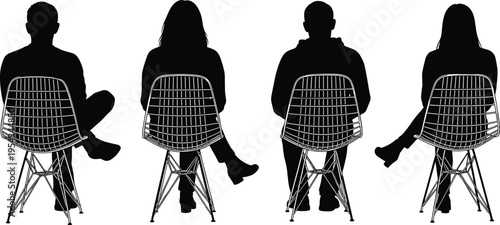 People sitting on chair silhouettes rear view, men and women seated in modern wire chair, waiting concept, minimal lifestyle vector illustration isolated on white background