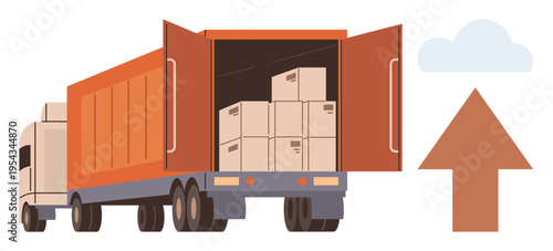 Logistics, transportation, freight delivery, shipping services, supply chain, and distribution. Truck with open cargo area loaded with boxes. Logistics and transportation concept