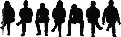 Seated people silhouettes collection, diverse men and women sitting poses, casual posture set, human figures isolated on white background, vector illustration for design