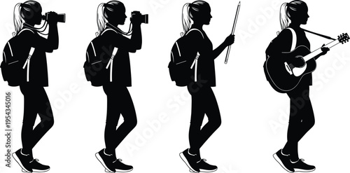 Woman silhouette with backpack using camera, drawing pencil and playing guitar, creative lifestyle concept, artist traveler vector illustration isolated on white background