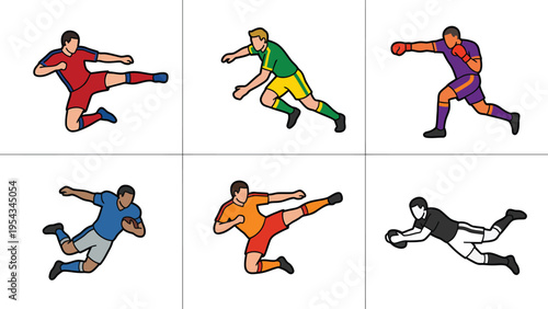 Diverse Male Athletes in Action Poses Vector Set. Flat Illustrations of Sports, Martial Arts, and Combat Movements