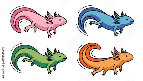 Cute Colorful Cartoon Axolotl Amphibian Illustrations Set. Vibrant Pink, Blue, Green, Orange Mexican Salamander Characters