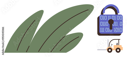 Digital security, sustainable practices, automation, supply chain, data protection, agriculture technology. You see a digital lock, green leaves and a forklift. Digital security and sustainable