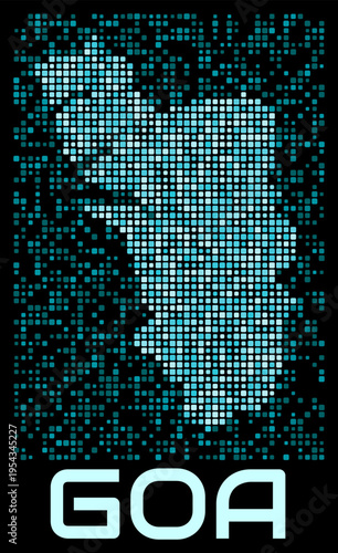 Goa, India digital dotted map. Shape of the state in cyan color palette on dark background. Futuristic Goa, India map design. Vector illustration.