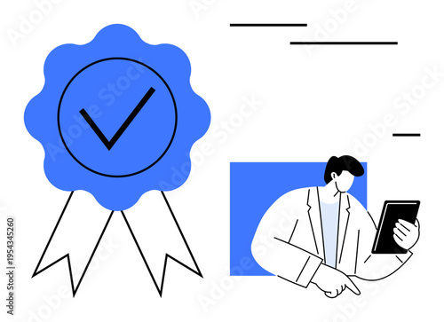 Authentication, quality assurance, accreditation, professional standards, trust, digital verification. Blue checkmark badge and person with tablet. Authentication and quality assurance concepts