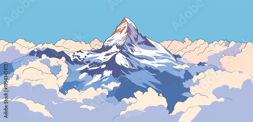 Snow capped mountain rises above clouds in a bright blue sky during daylight