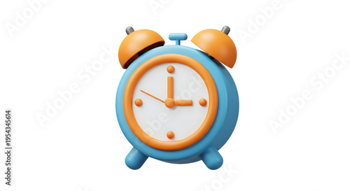 3d icon of stylized blue and orange alarm clock with white face isolated on transparent background