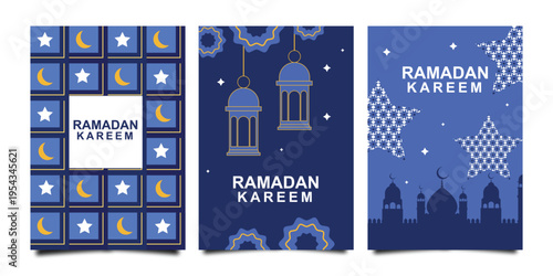 Set of Ramadan Kareem banner, poster, greeting card, cover design with mosque, crescent moon, lanterns