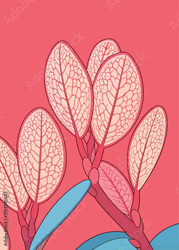 Colorful leaves grow against a bright background showing plant details and patterns in a simplistic style