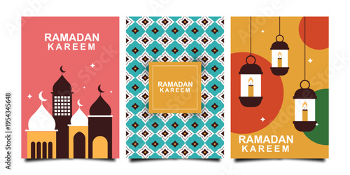 Set of Ramadan Kareem vector illustration in flat geometric style design for poster, greeting card