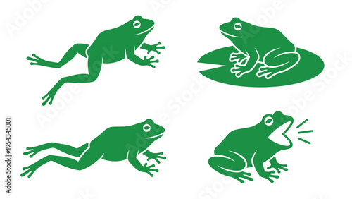 Green Frog Silhouettes Set: Various Poses, Jumping, Sitting, Croaking, and Swimming. Isolated Vector Icons.