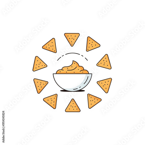 Minimalist Casual Snacking Vector Illustration with Tortilla Chips and Dip Bowl Flat Design