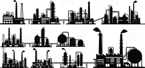 Industrial refinery and factory silhouette set with pipelines storage tanks smokestacks and processing units, oil and gas petrochemical plants vector illustration collection isolated