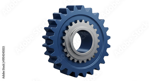 3d icon of blue and gray metal gear isolated on transparent background, industrial component