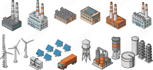 Isometric industrial factory and energy set with buildings smokestacks wind turbines solar panels storage tanks and logistics truck, manufacturing and renewable energy vector illustration collection
