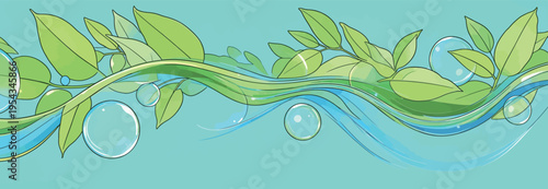 Colorful leaves and bubbles on blue background create a lively scene of nature and water in a fun and playful way