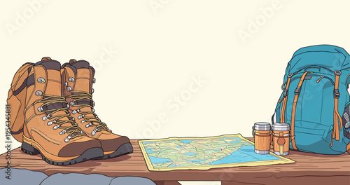 Hiking gear is set on a table with boots, a map, water bottles, and a backpack before a day outdoors