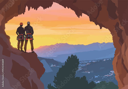Climbers watch sunset from cave opening in mountains near city