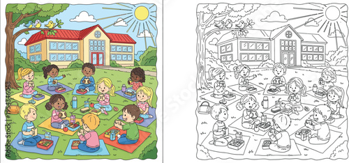 Students Having Lunch Picnic in Schoolyard Illustration with Coloring Page Line Art for Kids Education and Printable Activities