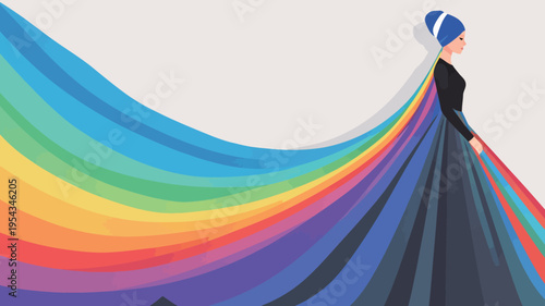 Woman in black dress with long colorful flowing fabric on a plain background in a creative art style