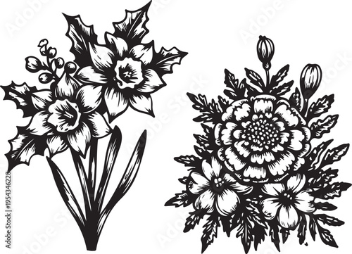 Detailed floral arrangements featuring roses daffodils and marigolds in vintage woodcut engraving style isolated on transparent background