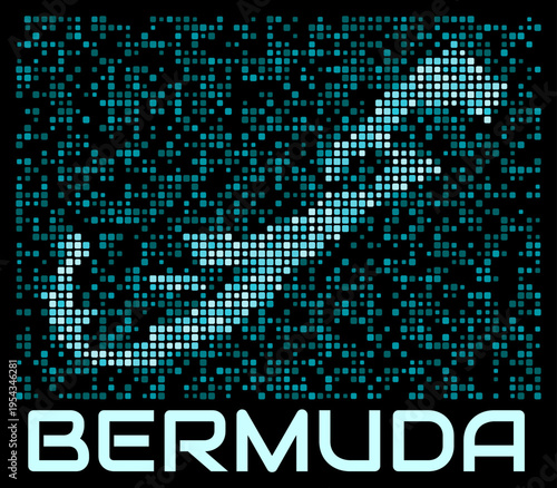Bermuda digital dotted map. Shape of the country in cyan color palette on dark background. Futuristic Bermuda map design. Vector illustration.