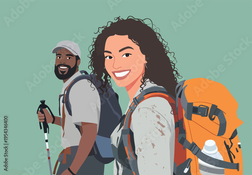 Two hikers smile while exploring a trail surrounded by nature during a sunny day