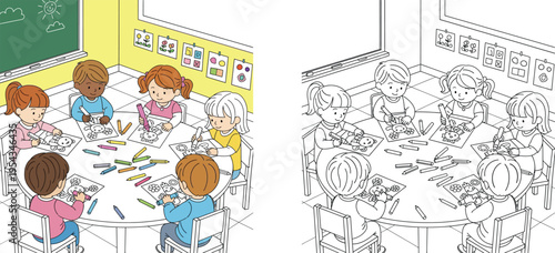 Cute Kids Drawing and Coloring Together in Classroom Illustration with Coloring Page Line Art for Kids Education and Printable Activities
