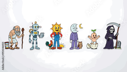 Diverse cartoon characters symbolizing time, technology, day, night, birth, and death cycles on white background