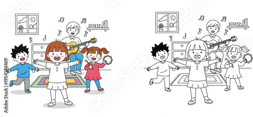 Children Singing and Playing Musical Instruments with Teacher Illustration with Coloring Page Line Art for Kids Education and Music Activities