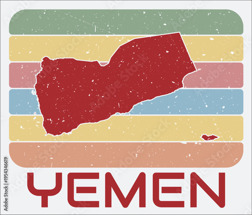 Yemen vintage logo. Shape of the country on retro colored stripes background. Yemen map design with grunge scratch texture. Vector illustration.