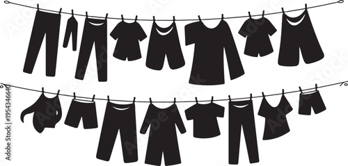 Laundry drying on clothesline with various garments hanging outdoors for drying in sunlight